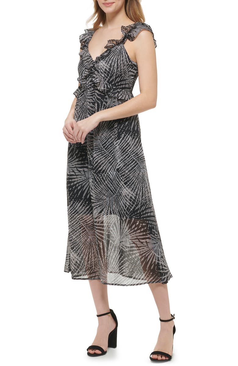 Kensie Palm Print Ruffle Empire Waist Chiffon Midi Dress, Alternate, color, Black Multi