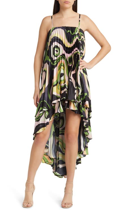 Zae Print Pleated Ruffle Dress
