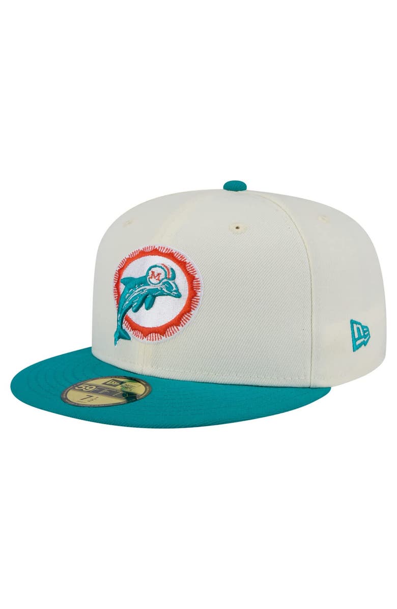 New Era Men's New Era  White/Aqua Miami Dolphins Throwback Main 59FIFTY Fitted Hat, Main, color, 