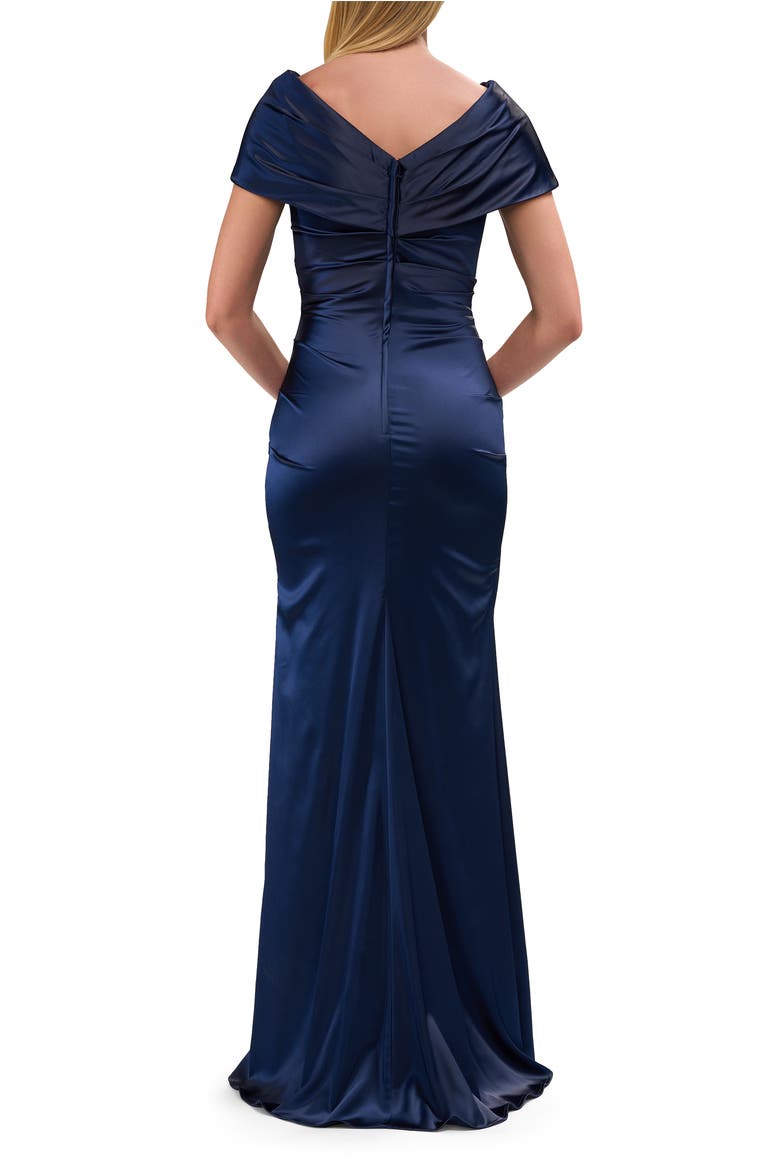 Off the Shoulder Stretch Satin Ruched Evening Gown, Alternate, color, Navy