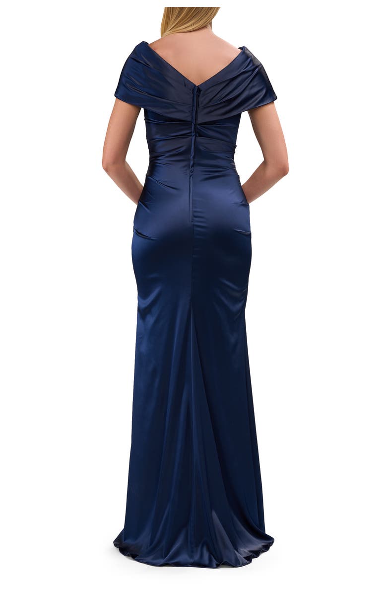 La Femme Off the Shoulder Stretch Satin Ruched Evening Gown, Alternate, color, Navy
