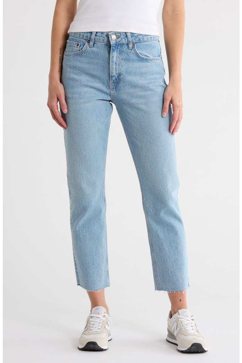 Mid Rise Raw Hem Straight Leg Jeans, Main, color, BLEACH