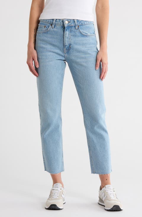 Mid Rise Raw Hem Straight Leg Jeans
