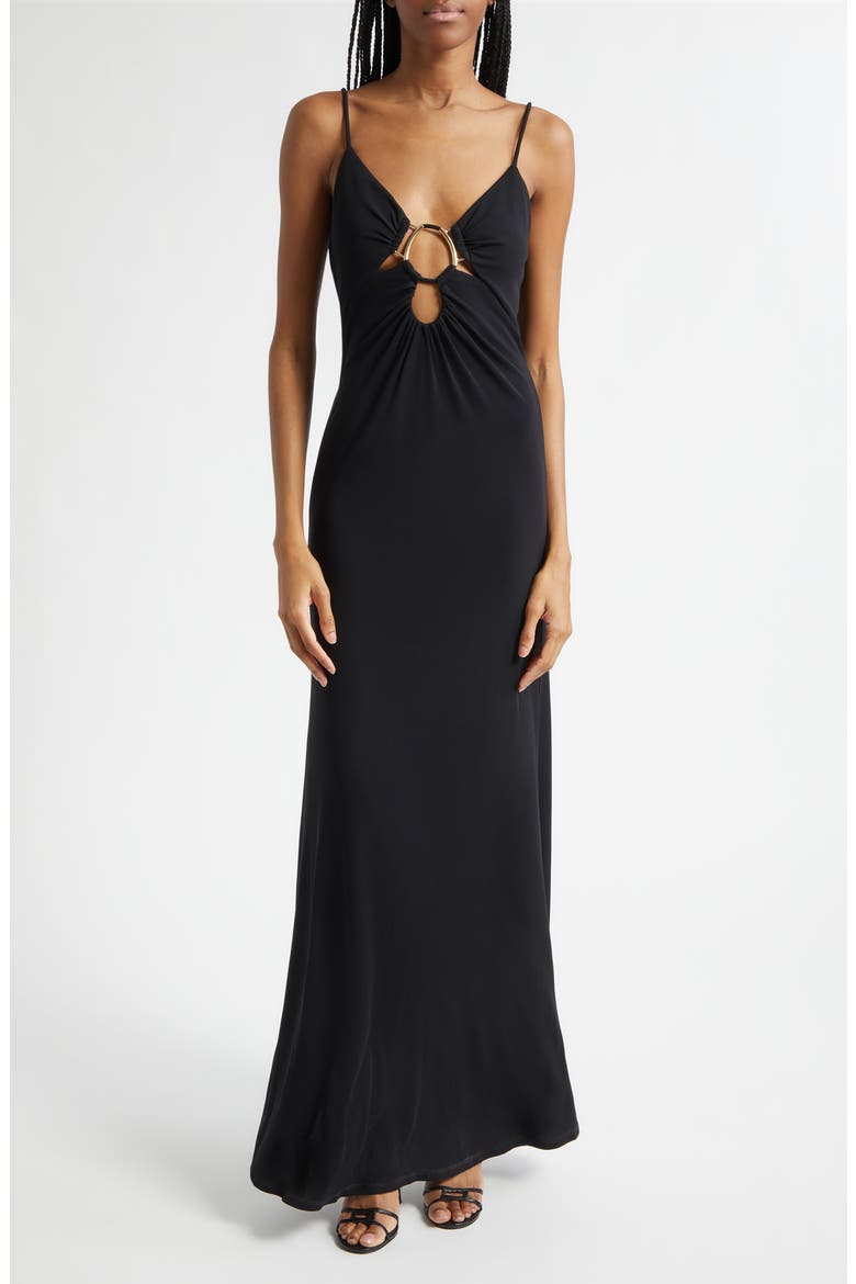 Chrissy Cutout Sleeveless Gown, Main, color, BLACK