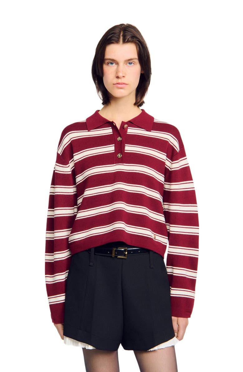 SANDRO Wool Striped Polo Sweater, Alternate, color, Bordeaux