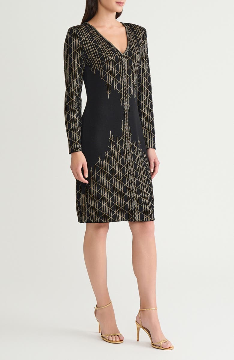 Ming Wang Art Deco Metallic Long Sleeve Sheath Dress, Alternate, color, Black/ Gold