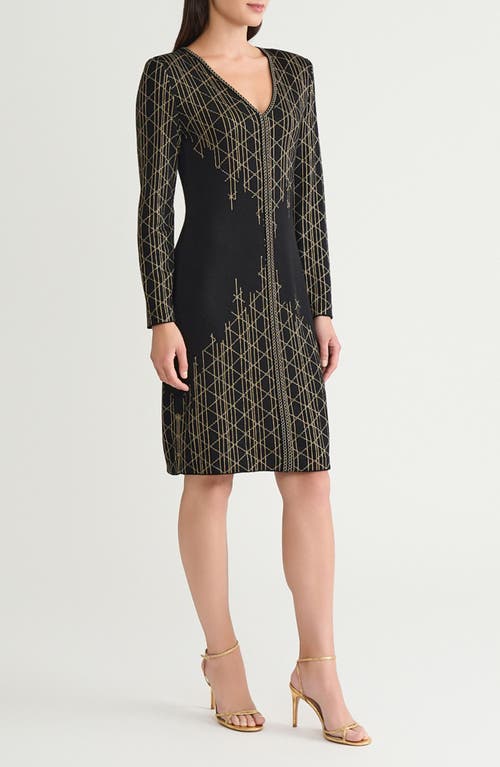 Ming Wang Art Deco Metallic Long Sleeve Sheath Dress In Multi