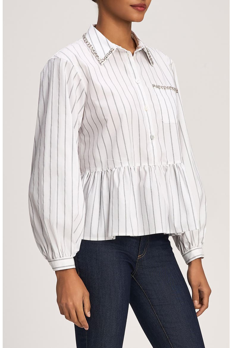 Nyomi Rhinestone Detail Stripe Cotton Blend Peplum Top, Alternate, color, WHITE/ BLACK