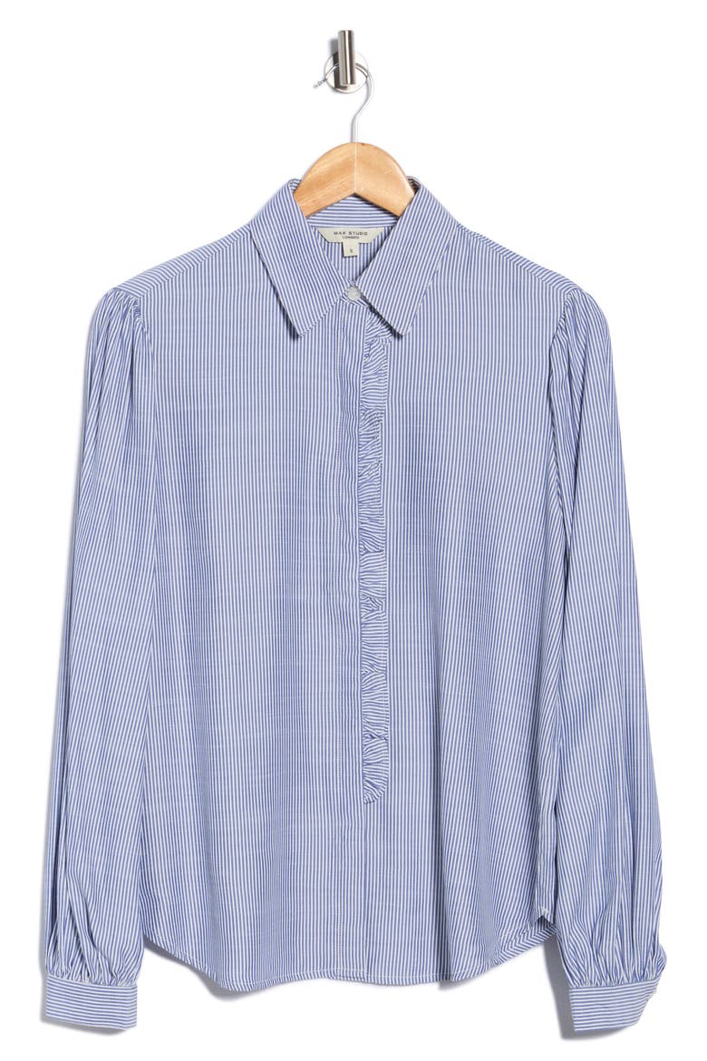 Stripe Ruffle Front Button-Up Shirt, Alternate, color, INDIGO/ OFF WHITE MINI STRIPE