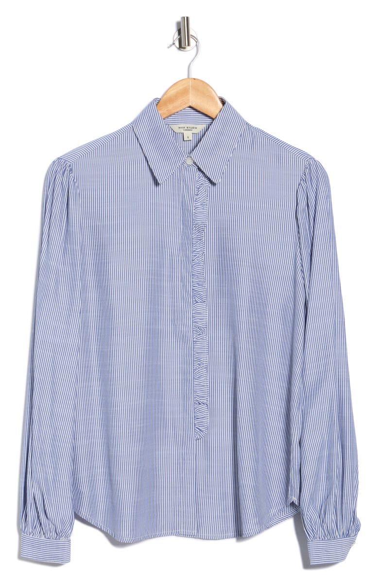 MAX STUDIO Stripe Ruffle Front Button-Up Shirt, Alternate, color, Indigo/ Off White Mini Stripe