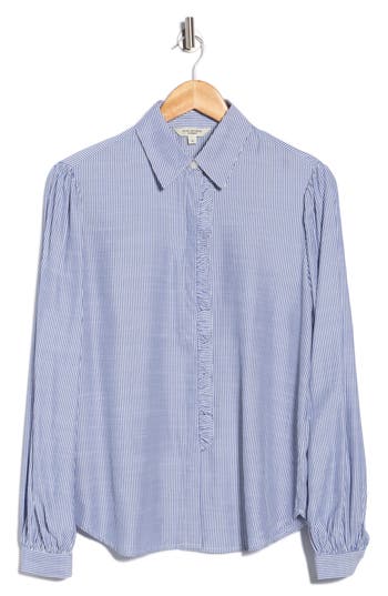Max Studio Stripe Ruffle Front Button-up Shirt