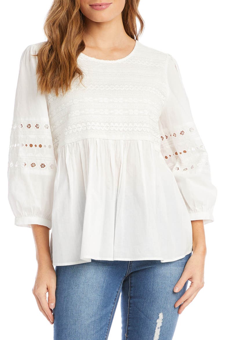 Eyelet Trim Cotton Popover Blouse, Alternate, color, OFF-WHITE