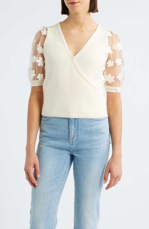 Floral Appliqué Short Sleeve Surplice Sweater