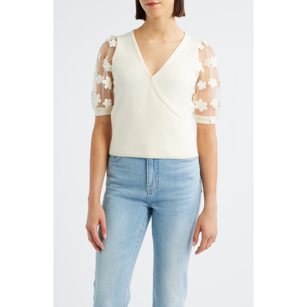 Bobeau Floral Appliqué Short Sleeve Surplice Sweater In White