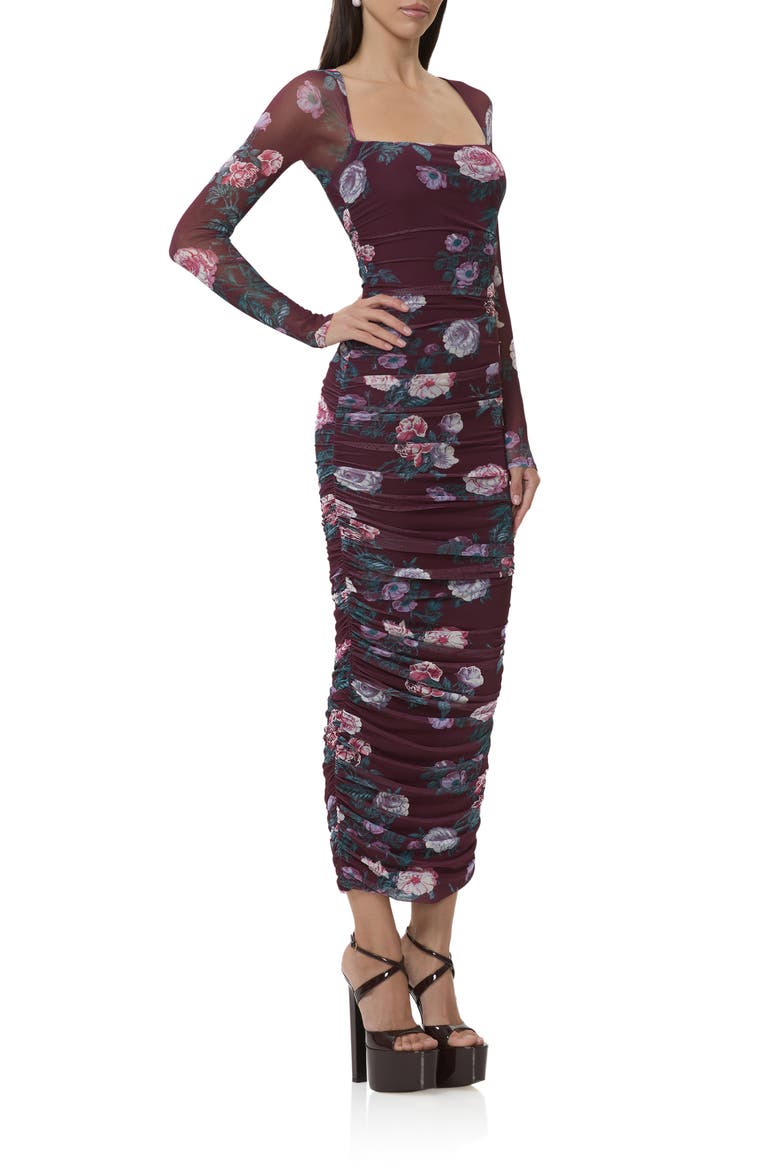 Maggie Floral Shirred Long Sleeve Midi Dress, Alternate, color, CABERNET BOUQUET