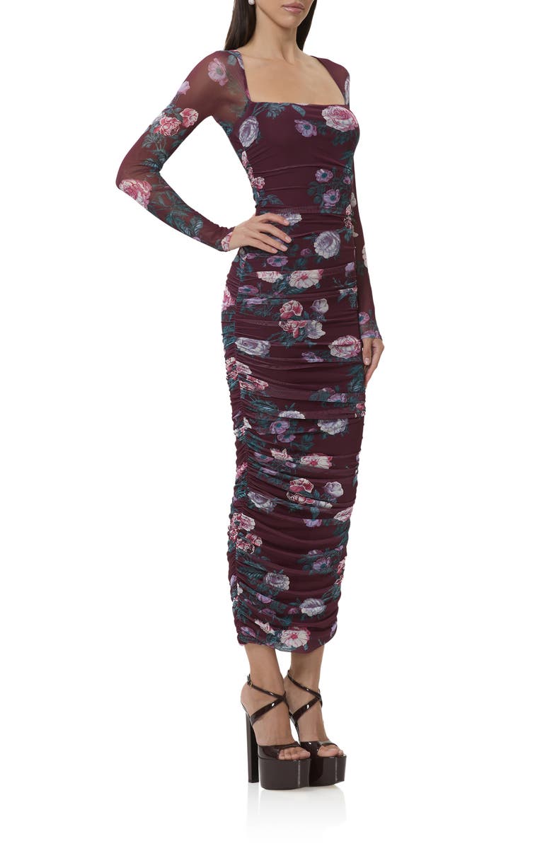 AFRM Maggie Floral Shirred Long Sleeve Midi Dress, Alternate, color, Cabernet Bouquet