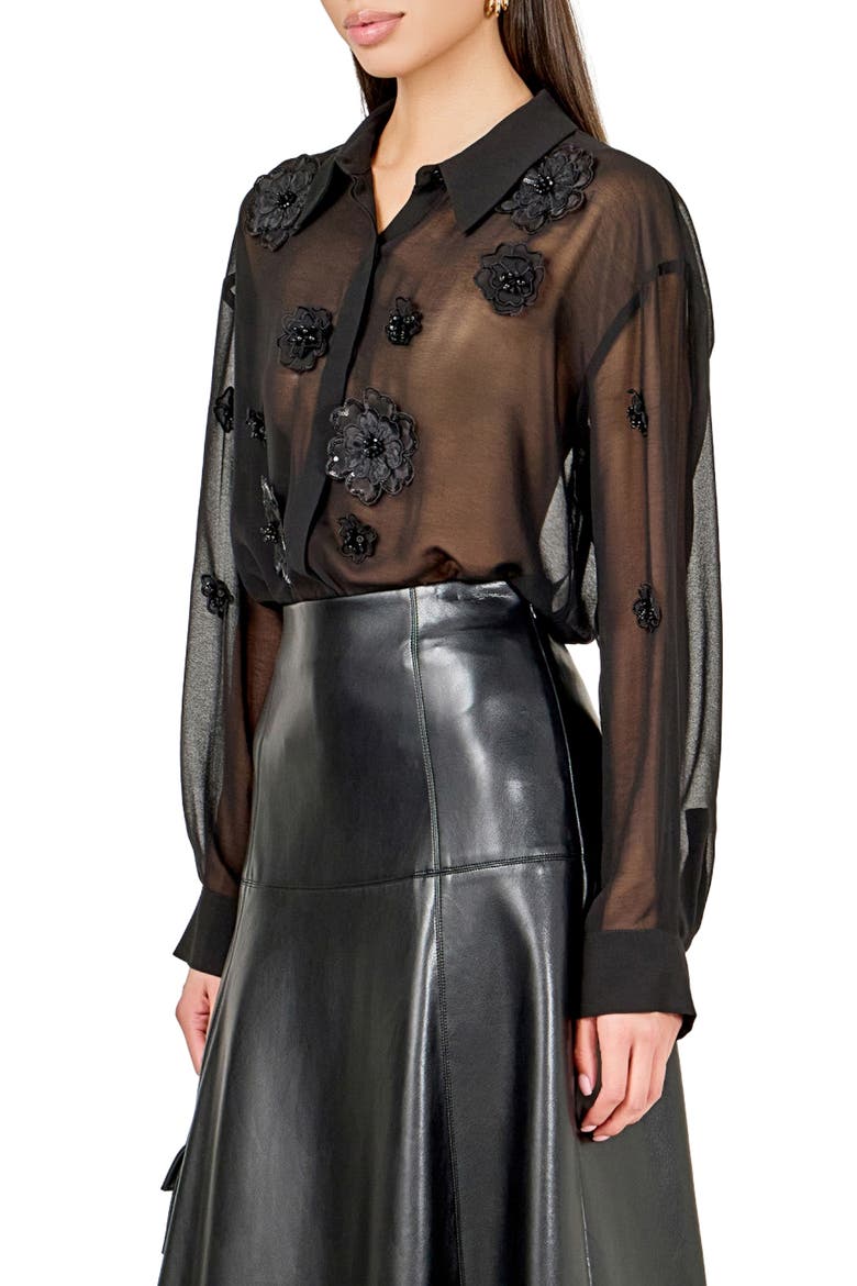 Floral Detail Sheer Shirt, Alternate, color, BLACK