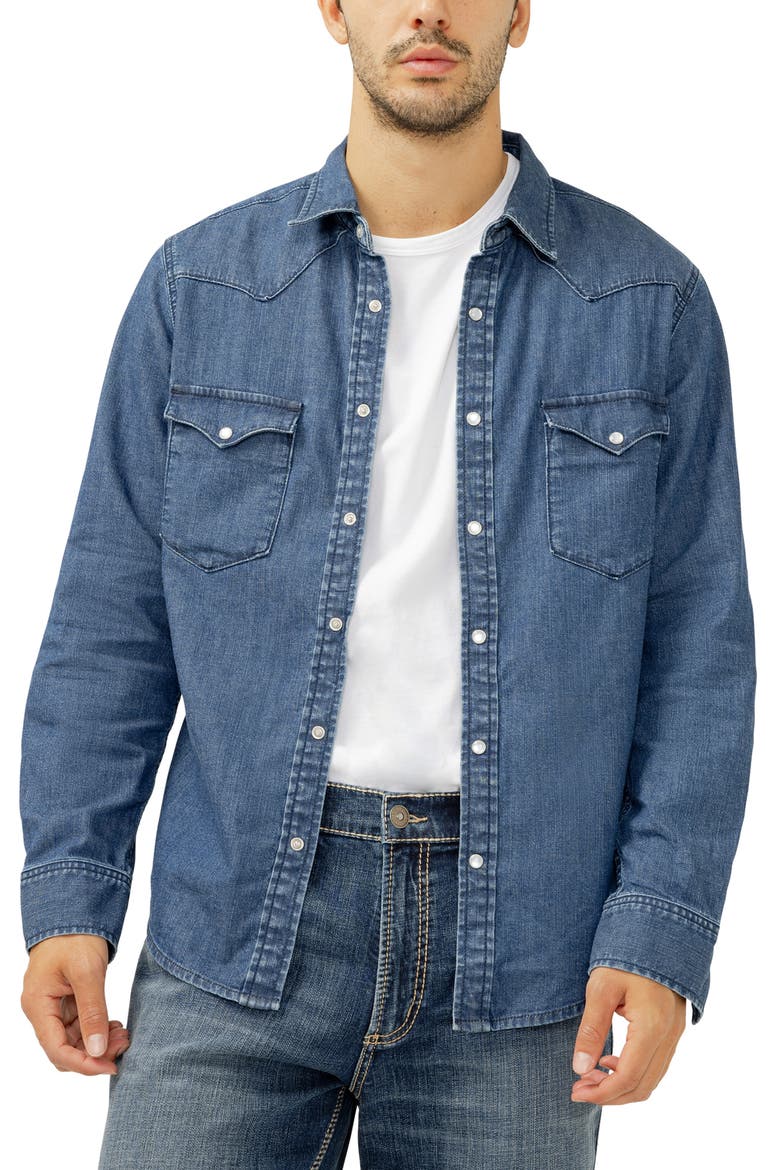 Cotton Blend Denim Snap-Up Western Shirt, Main, color, STEER