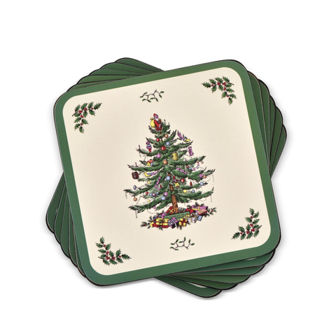 Christmas Tree Set Of 6 Cork Back Coasters, 4"