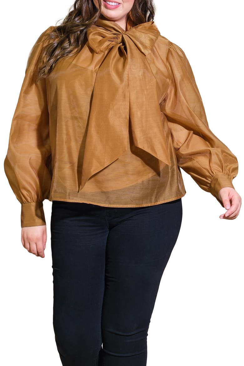 Bow Neck Organza Top, Main, color, CAMEL