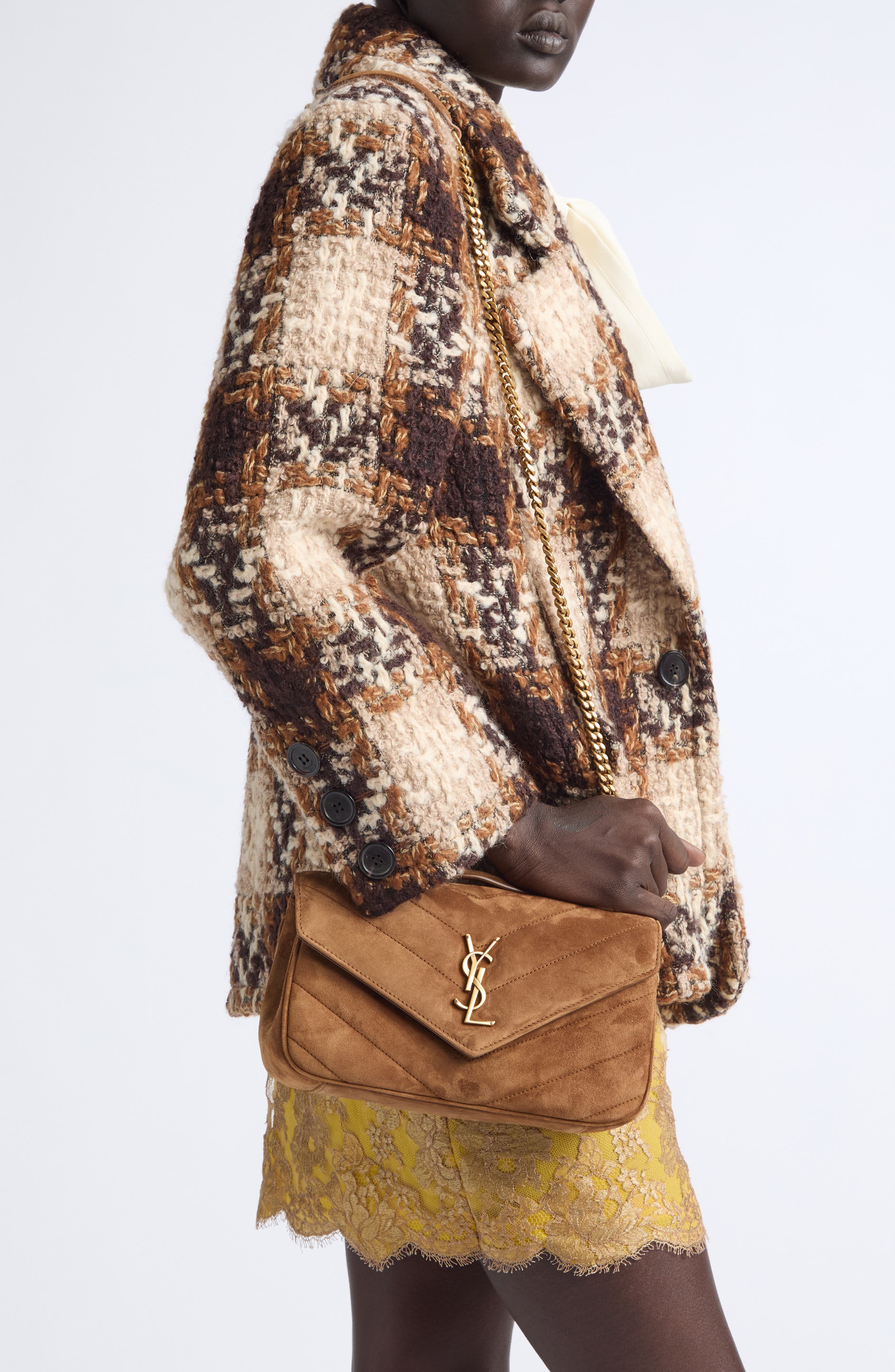 Small Loulou Suede Chain Shoulder Bag, Alternate, color, CARAMEL COGNAC