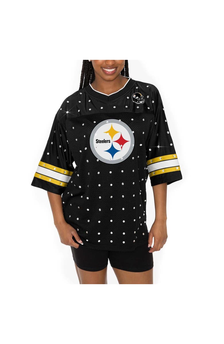 GAMEDAY COUTURE Women's Gameday Couture Black Pittsburgh Steelers Kickoff Time Allover Rhinestone Sports Stripe Jersey V-Neck T-Shirt, Main, color, 