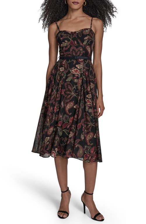 Bcbg Print Belted Sleeveless Midi Dress In Black