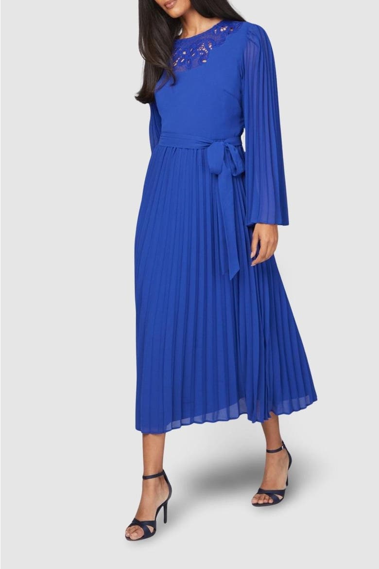 Pleated Floral Trim Midi Dress, Alternate, color, Cobalt