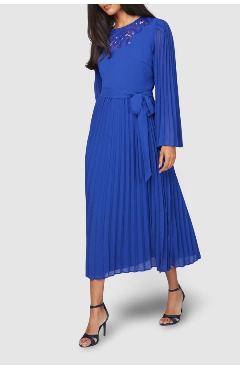 Wallis Pleated Floral Trim Midi Dress, Alternate, color, Cobalt