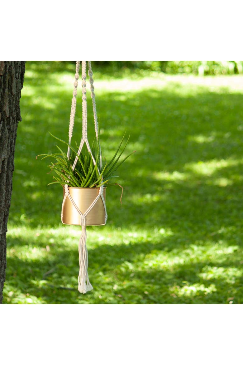 4.75" Macrame Rope Gold Metal Hanging Planter Cylinder Pot Indoor Hanging Planter, Alternate, color, Gold