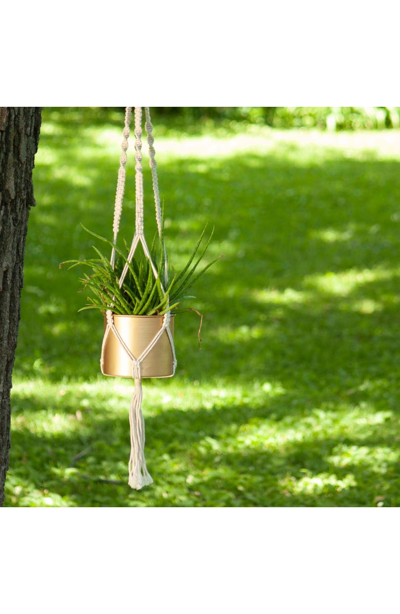 Foreside Home and Garden 4.75" Macrame Rope Gold Metal Hanging Planter Cylinder Pot Indoor Hanging Planter, Alternate, color, Gold