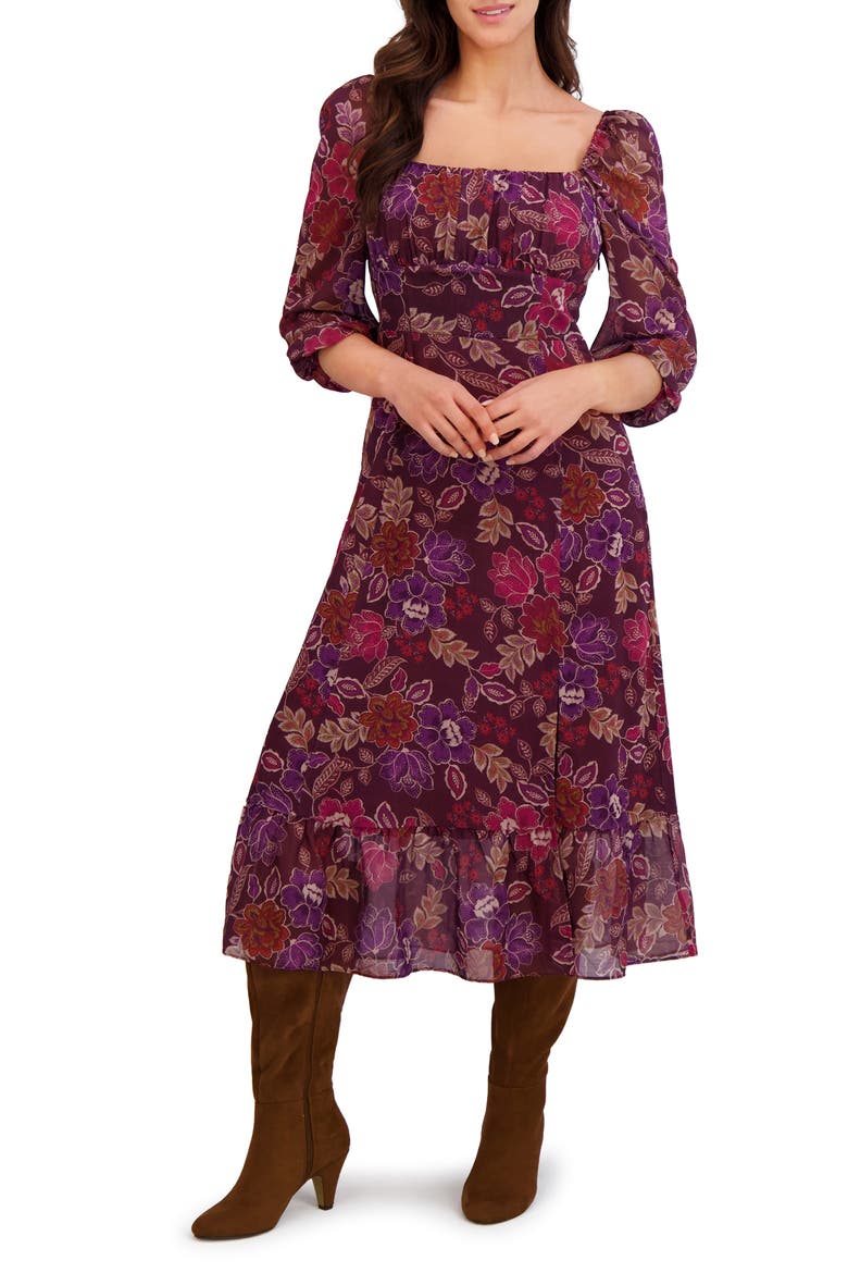 Floral Ruched Empire Waist Chiffon Midi Dress, Main, color, PORT/ PURPLE