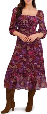 London Times Floral Ruched Empire Waist Chiffon Midi Dress