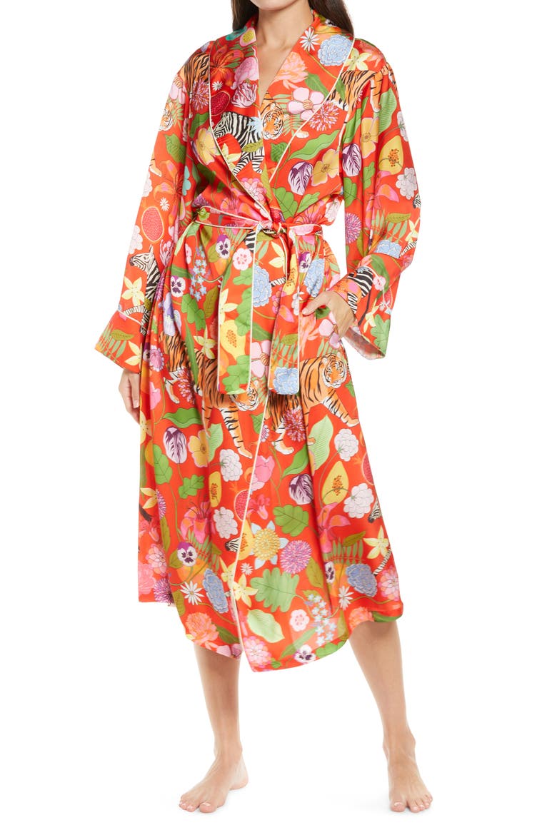 Tiger Bouquet Long Wrap Robe, Main, color, RED