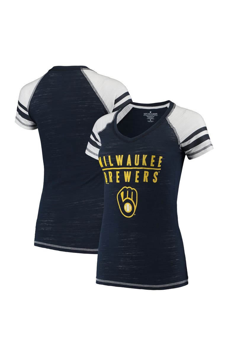 SOFT AS A GRAPE Women's Soft as a Grape Navy Milwaukee Brewers Color Block V-Neck T-Shirt, Main, color,