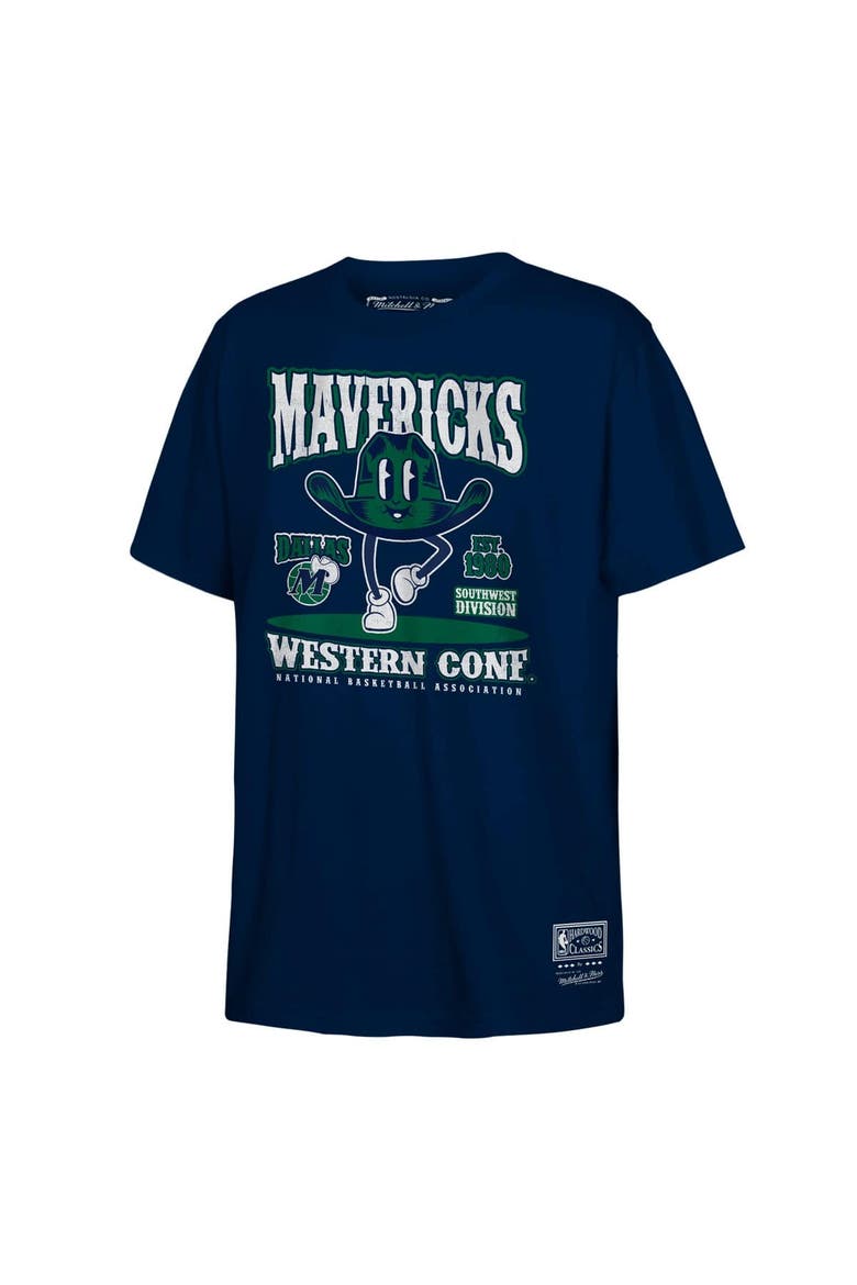 Youth Mitchell & Ness Navy Dallas Mavericks Retro Mascot Script T-Shirt, Main, color, Navy