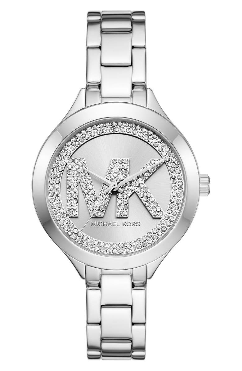 Michael Kors Aspyn Crystal Three-Hand Quartz Bracelet Watch, 38mm, Main, color, Silver