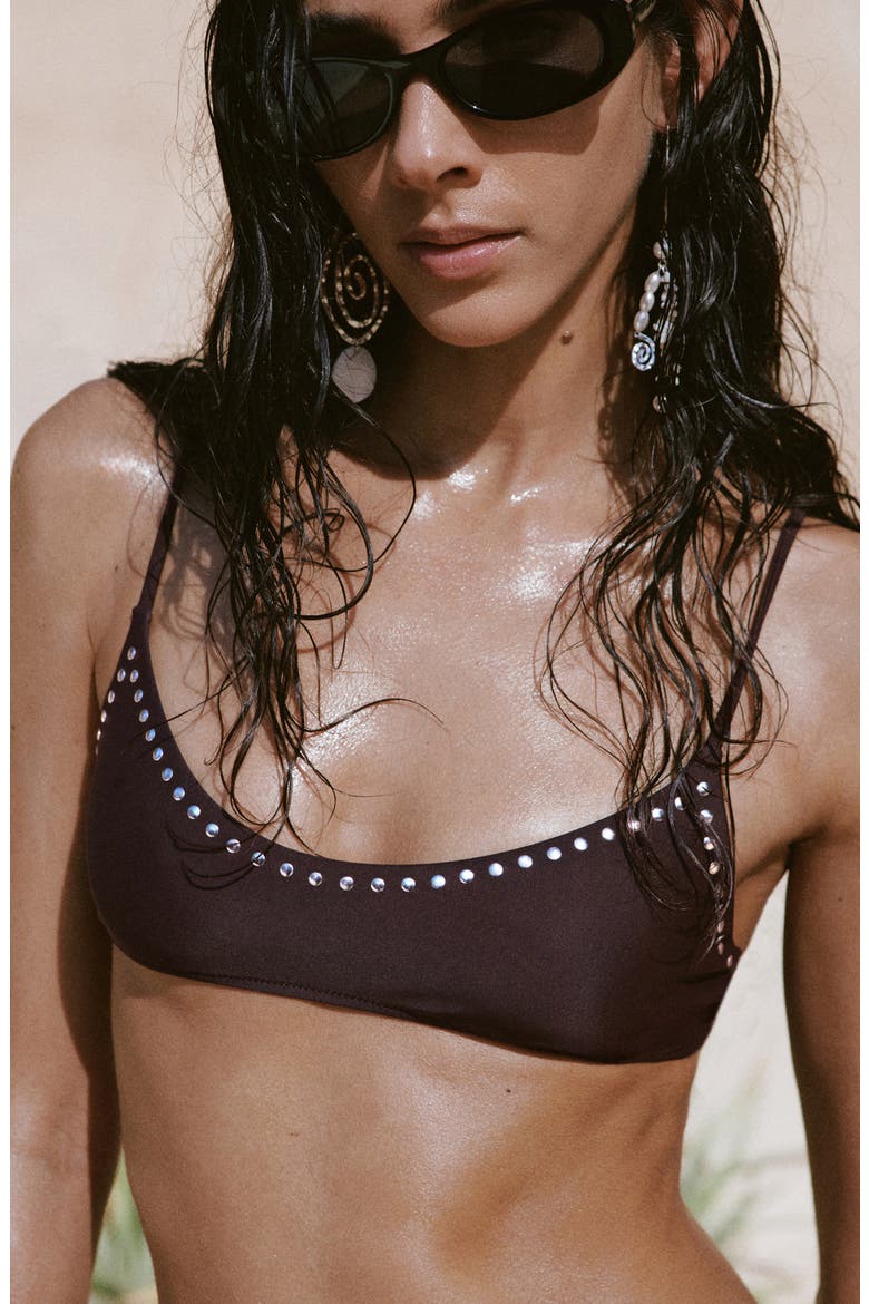 Stud Triangle Swim Top, Alternate, color, BROWN