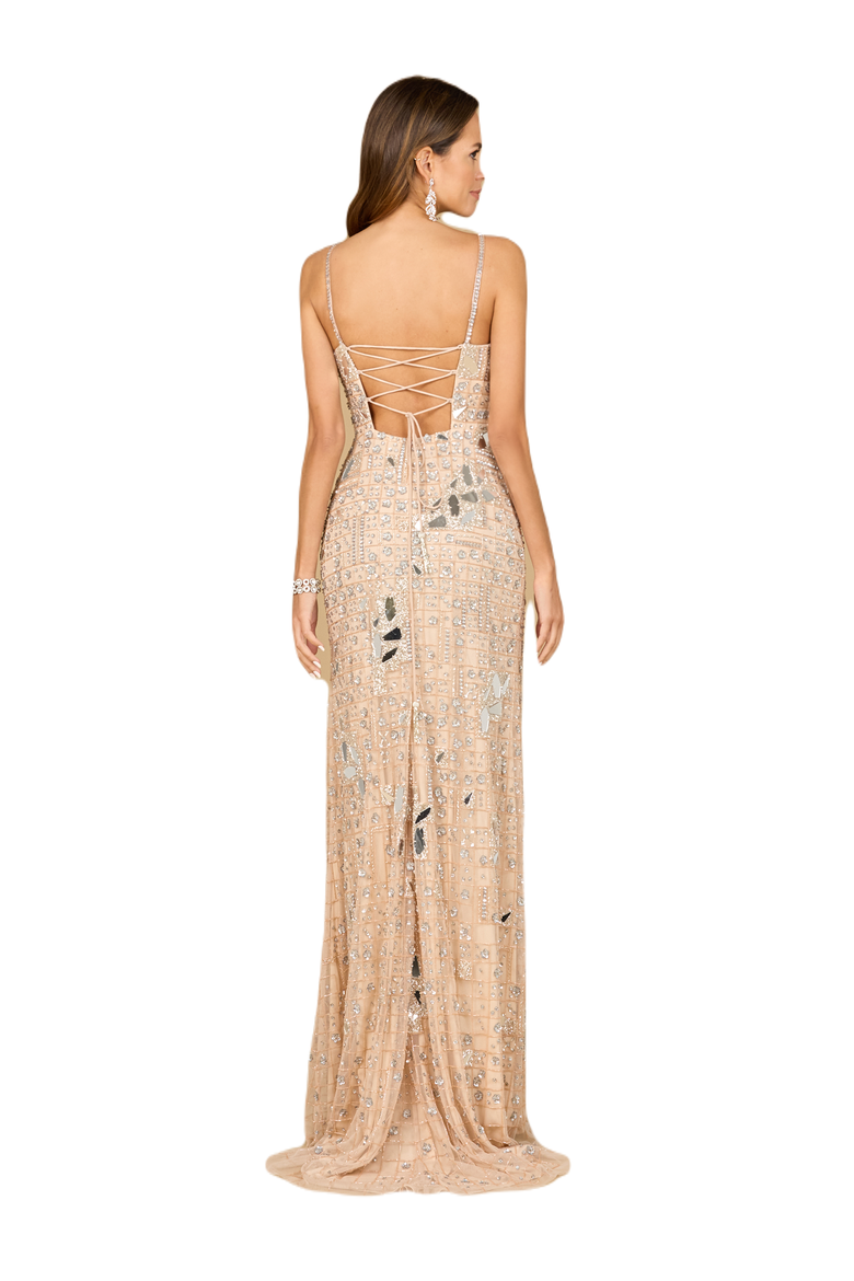 Mirror Beaded Gown With High Slit, Alternate, color, Nude