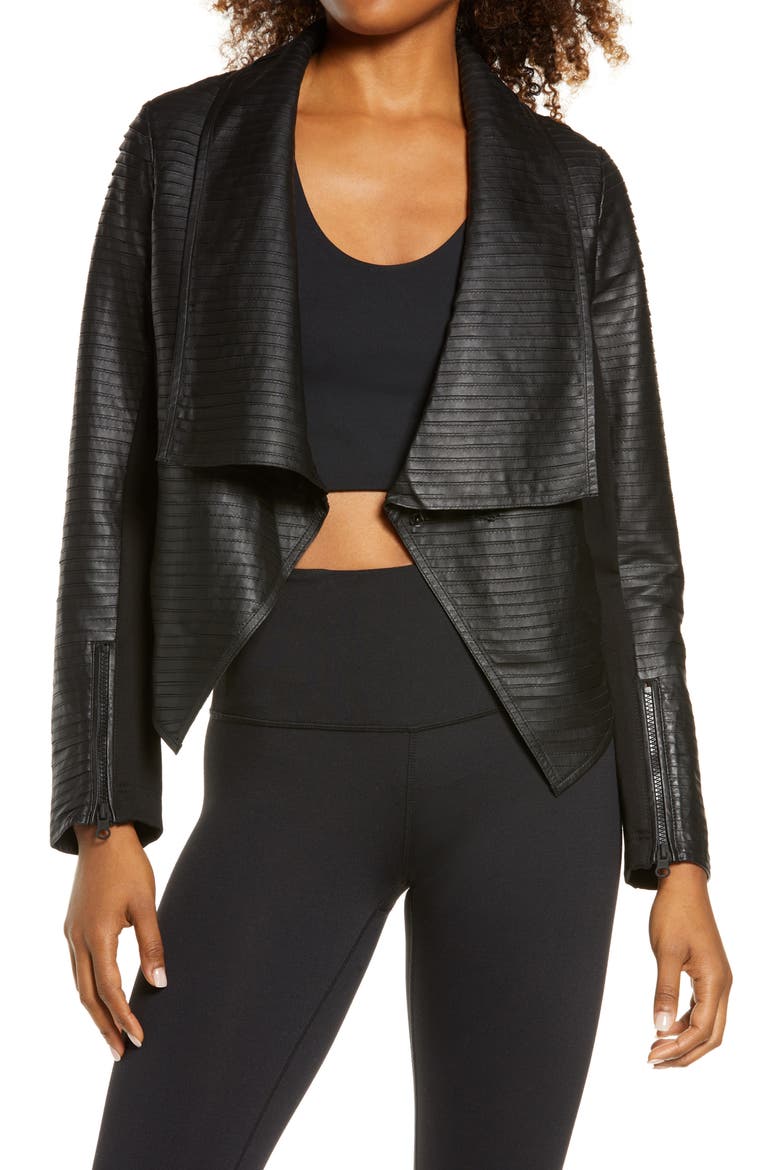 Textured Leather & Ponte Moto Jacket, Main, color, BLACK