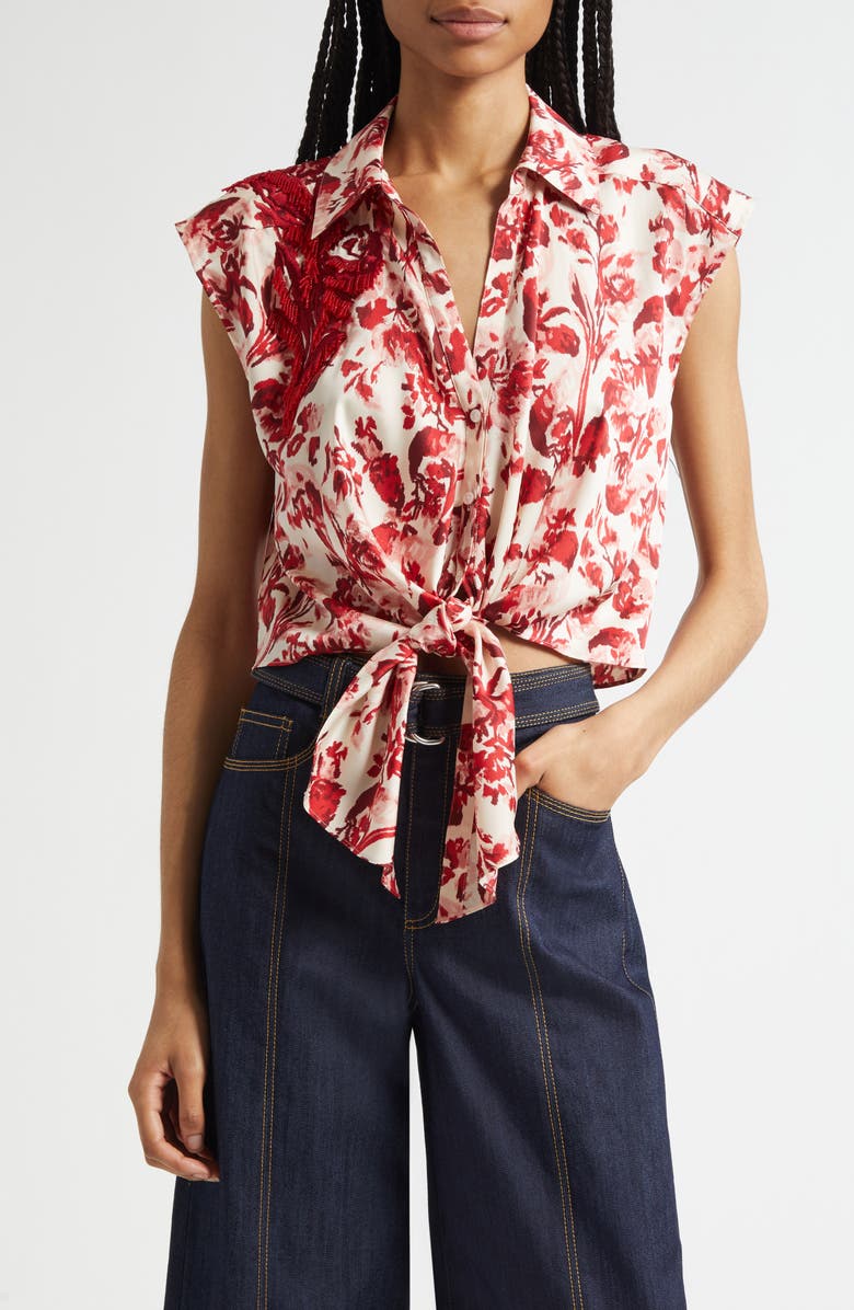 Cinq à Sept Floral Ribbons Sleeveless Shirt, Main, color, Cherry Rose Multi