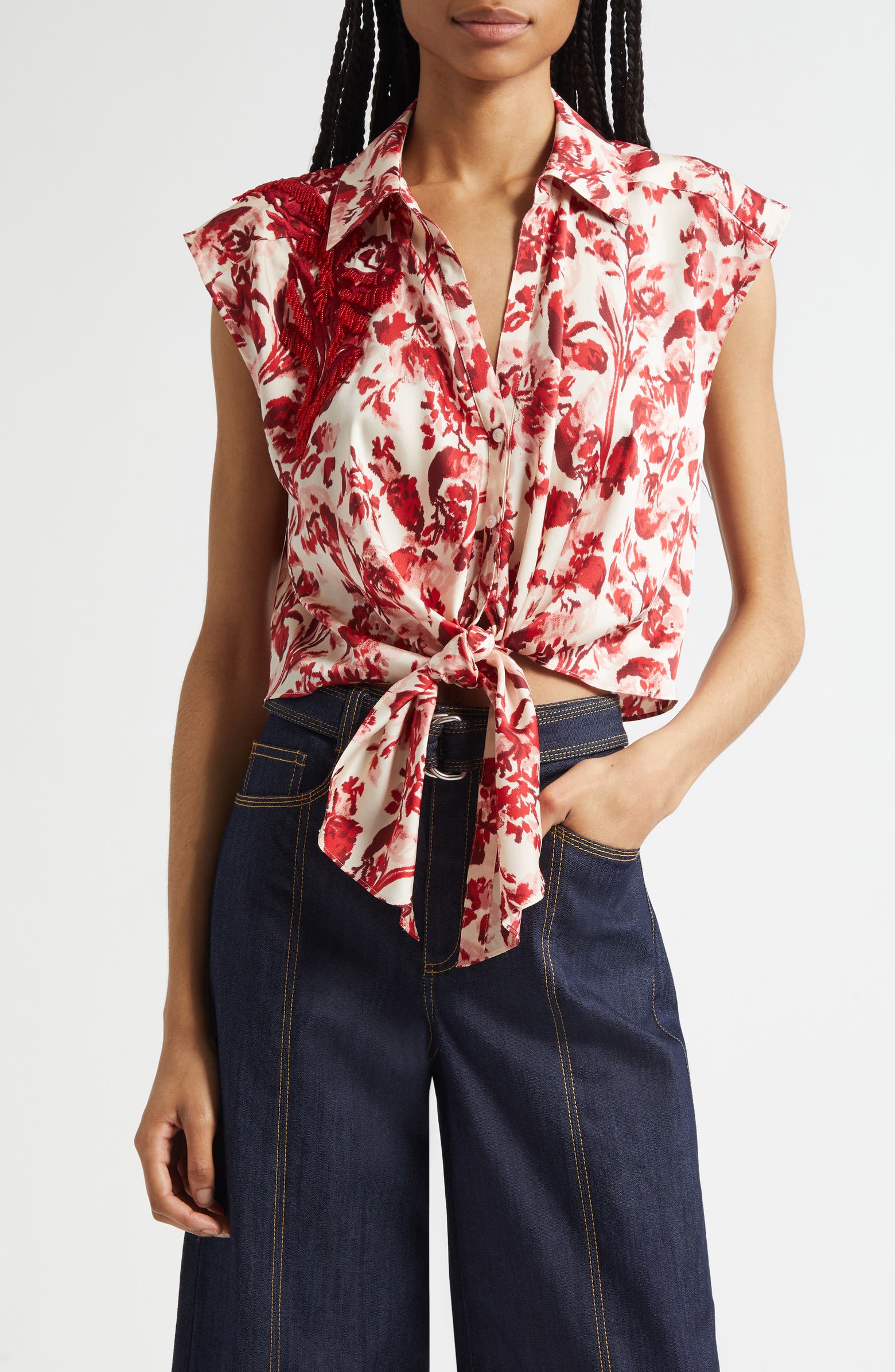 Cinq Γ Sept Floral Ribbons Sleeveless Shirt | Nordstromrack