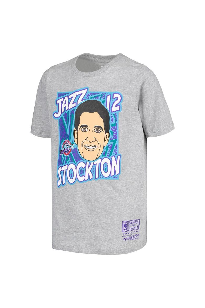 Youth Mitchell & Ness John Stockton Gray Utah Jazz Hardwood Classics King of the Court Player T-Shirt, Alternate, color, Gray