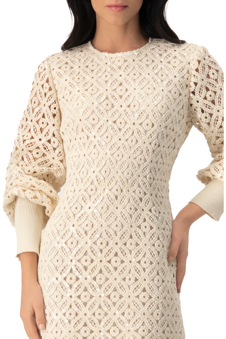 Embroidered Crochet Mini Dress with Sequin Detailing, Alternate, color, Natural