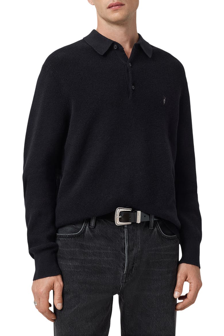 Waffle Knit Polo, Main, color, BLACK