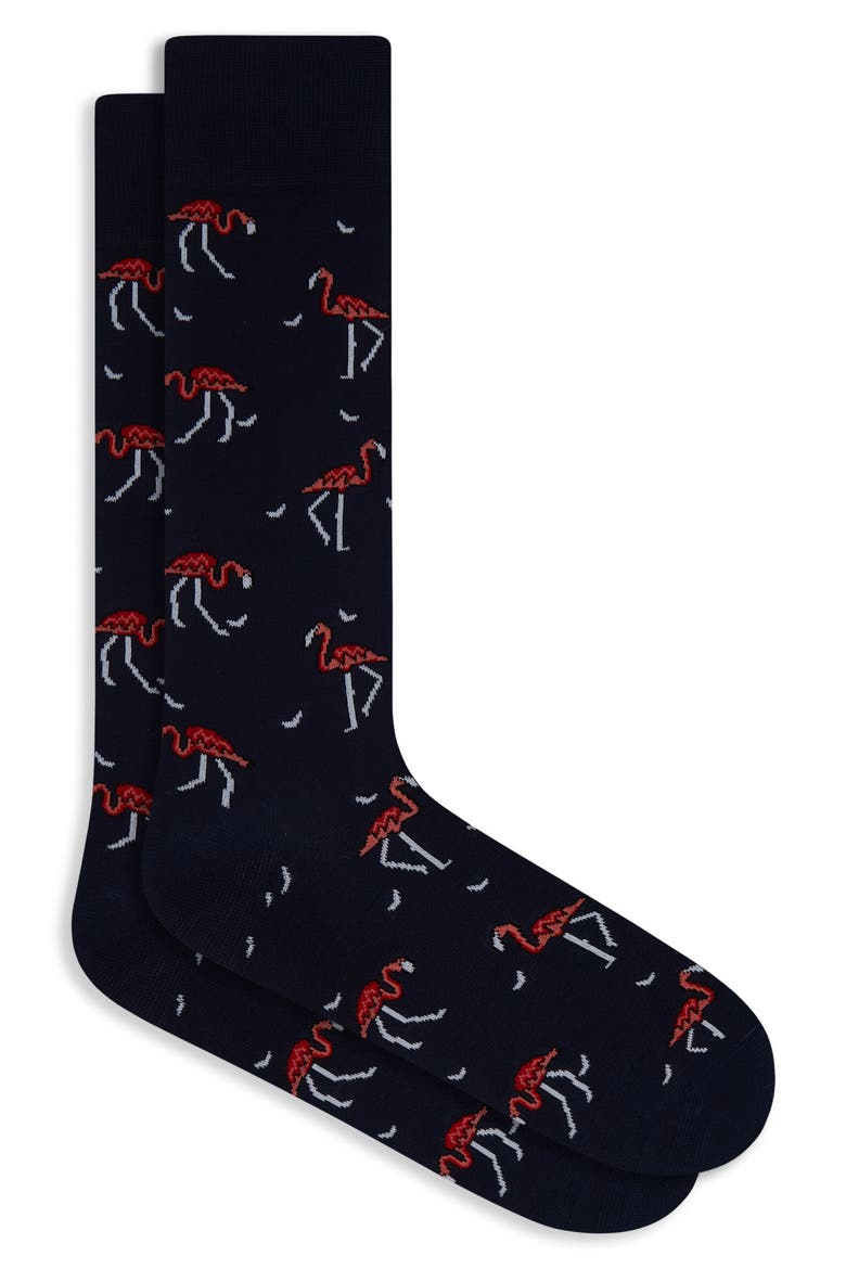 Flamingo Dress Socks, Main, color, NAVY