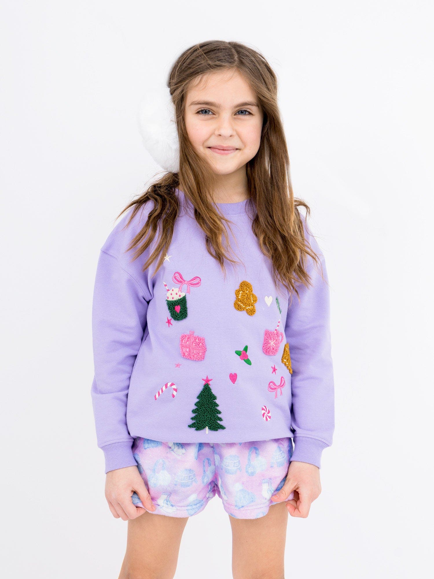 Preppy Goose Christmas Motif Applique Sweatshirt in Lavender 