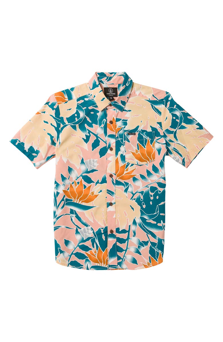 Volcom Kids' Leaf Pit Floral Short Sleeve Button-Up Shirt, Main, color, 