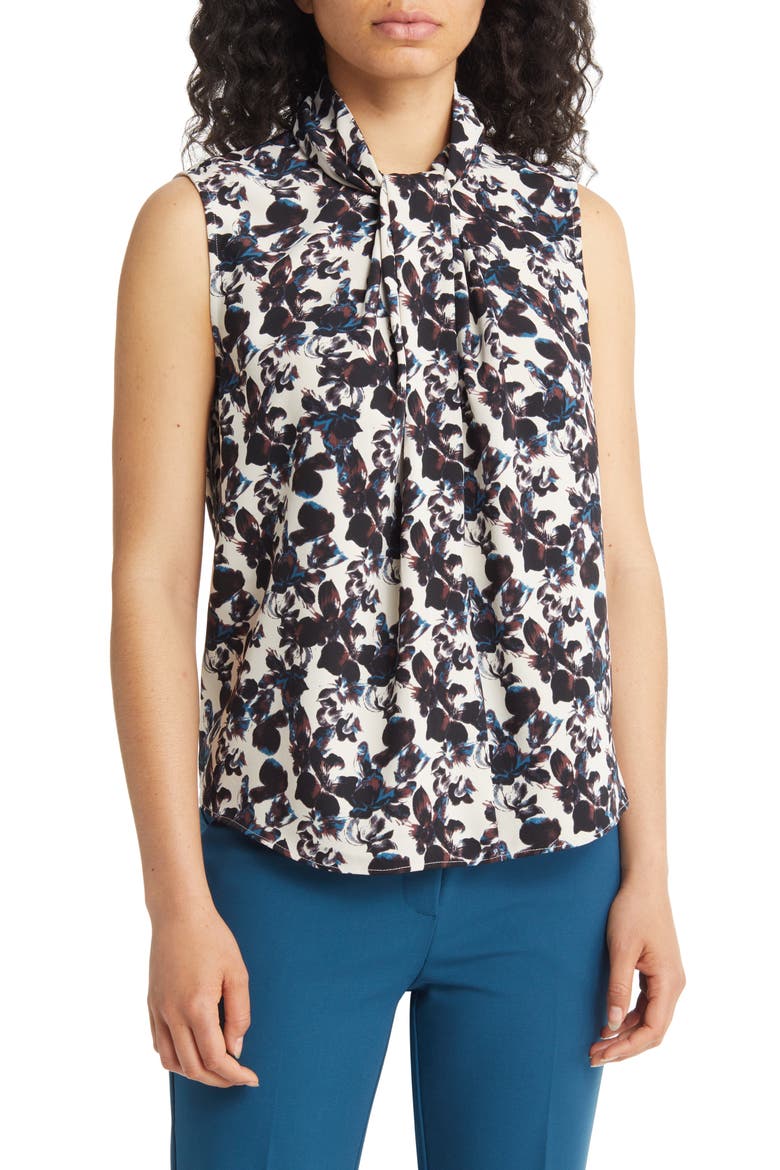 Tie Neck Sleeveless Top, Main, color, BEIGE RAINY DAY BLOSSOMS