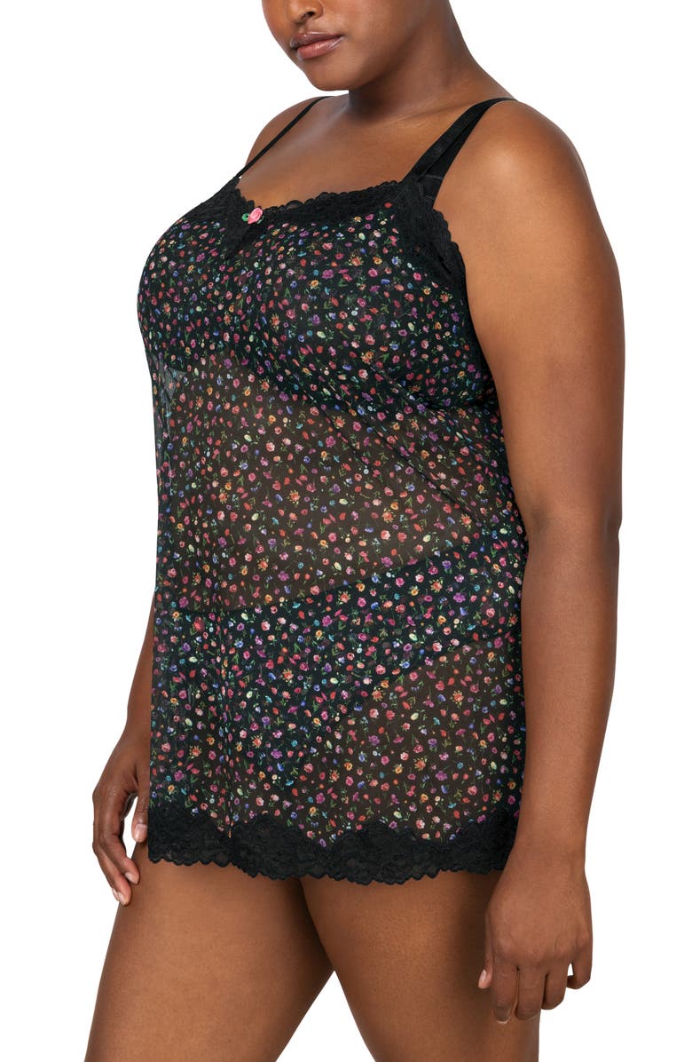 Curvy Couture Ditsy Floral Sheer Lace Trim Chemise, Alternate, color, Meadow Dream